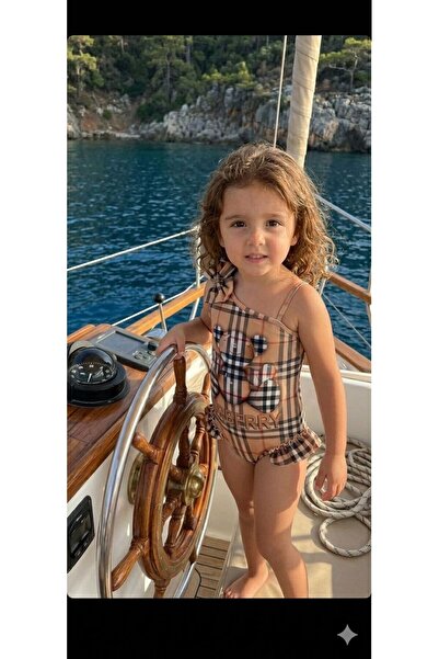 noble baby&kids Patterned Bear Figured Ruffled Girls' Swimsuit - Beige Plaid ...