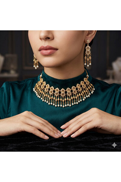 Generic Gold Tone CZ and Pearl Choker Necklace Set with Matching Earrings Lea...