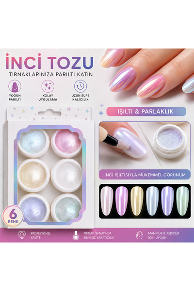 Vi Caro 6 Adet İnci Tozu Tırnak Süsleme Seti 6 Renk Nail Art Krom Efekt Pigme...