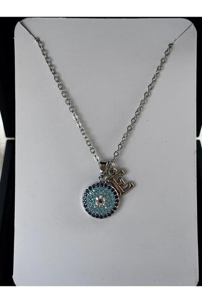 bijoux uniques Nazar boncuğu detaylı E harfli çelik kolye