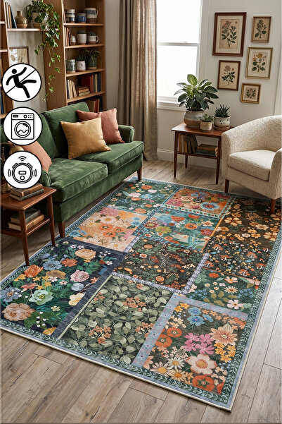 blcmoda Renkli Patchwork Floral Desen Baskılı Yıkanabilir Kaymaz Taban Halı S...
