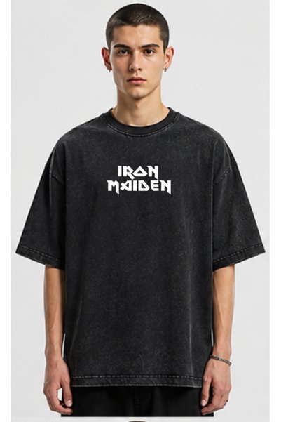 OPPPSSS Iron Maiden Oversize Washed Vintage Black T-Shirt Front and Back Prin...