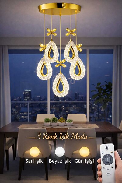 MAVERALİGHTİNG YAGMUR 5Lİ SARKIT AVİZE 3 RENK LED ISIKLI KUMANDALI SALON OTUR...