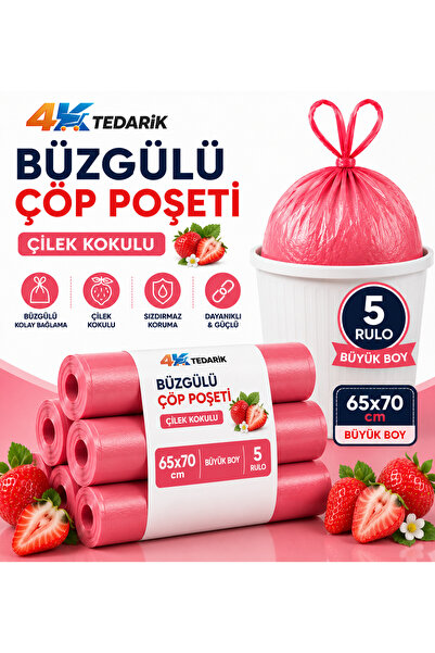 4K TEDARİK Büzgülü Çöp Poşeti Çilek Kokulu 65×70 cm Büyük Boy 10'lu 5 Rulo Da...