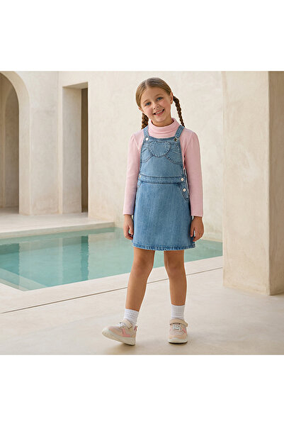 Lee Cooper Crew Neck Long Sleeves T-shirt and Denim Pinafore Set with Heart A...