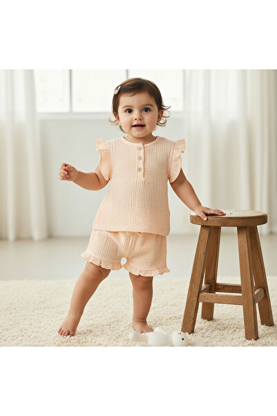 Juniors Cotton Round Neck Sleeveless Shorts Set with Ruffles