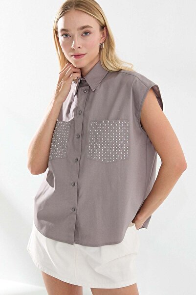 Lencie Pocketed Stone Detailed Sleeveless Shirt Gray