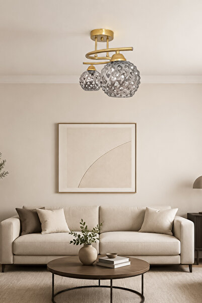 Fer Avize Fuji Modern Kabartma Camlı Dekoratif 2'li Avize Salon Yatak Odası M...