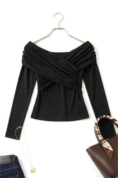 Raneel Kazançlı Alışveriş Women's draped wide collar long sleeve blouse black