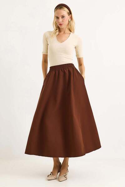 Raneel Kazançlı Alışveriş Elastic Waist Poplin Casual Long Skirt Brown