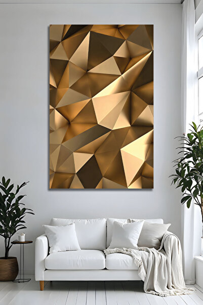Parıltı Yayınları 3D Geometrik Gold Modern Cam Tablo Soyut Salon Ofis Duvar D...