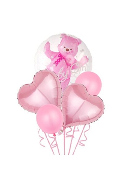 genaja Set 5 Baloane Aniversare Flippy Baby Girl, 60 cm, 1 Balon Folie cu Urs...