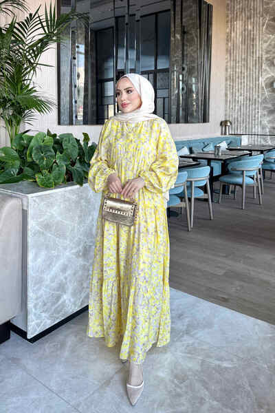İmajButik Yellow Half-Buttoned Layered Dress with Elastic Sleeves