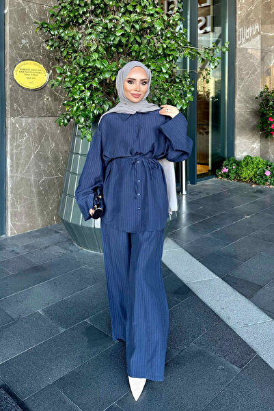 İmajButik Navy Blue Tie-Waist Shirt and Trousers Set