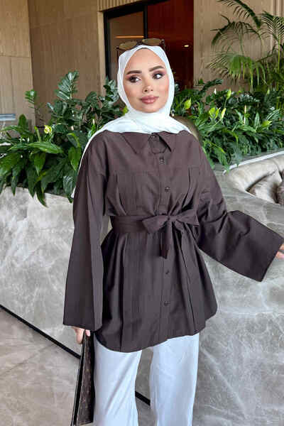 İmajButik Brown Wide-Sleeve Belted Shirt