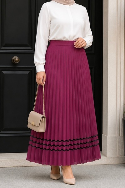İmajButik Plum Color Elastic Waist Striped Pleated Skirt