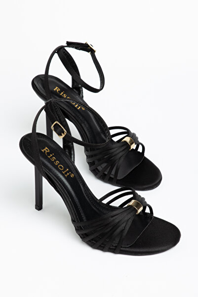 RİSSOLİ Women's Black Ribbed Ring Detailed Thin Heeled Sandals