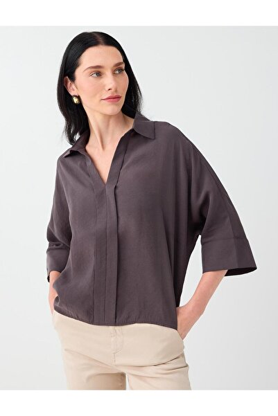 Jimmy Key Bitter Brown Shirt Collar Three Quarter Sleeve Modal Woven Blouse