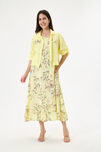 della moor Yellow Italian 100% Linen Floral Patterned Double Suit with Jacket...