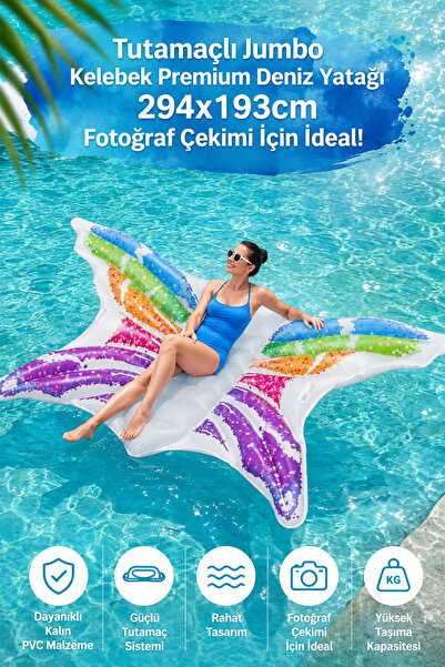 craftivio Dev Boy Renkli Butterfly Şişme Deniz Yatağı 294x193 cm Tutamaçlı Pr...