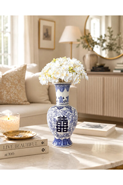 Mary's Concept Mavi Beyaz Desenli Porselen Dekoratif Vazo 30 cm Chinoiserie Stil