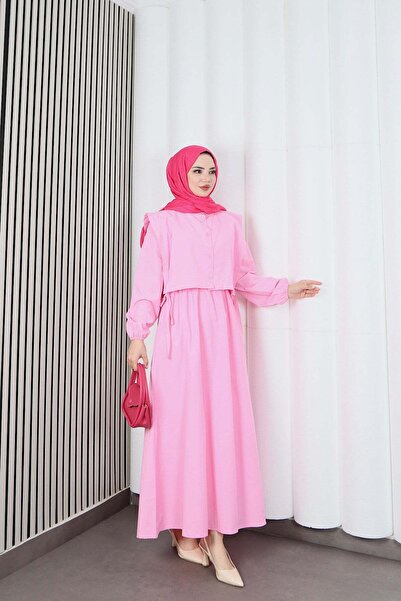 HNT Hayrunnisa Tesettür Bolerolu Beli Lastikli Tesettür Elbise Pembe HNT011