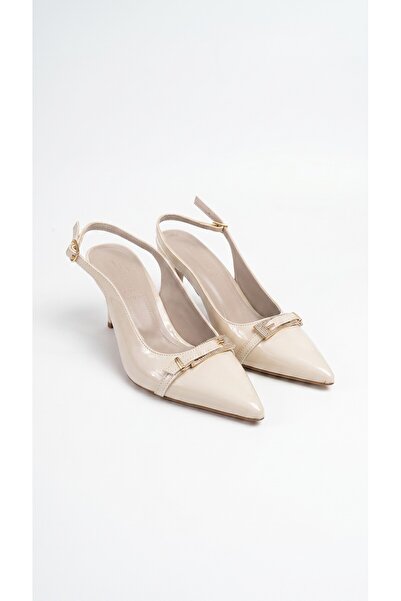 le NACAR Women's Beige Patent Leather Buckle Detailed Pointed Toe Heeled Shoes