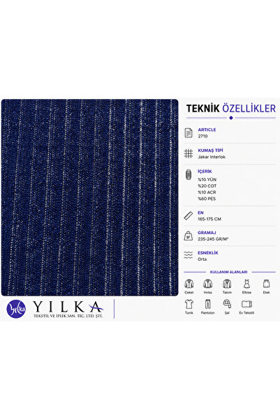 YILKA Çizgili Triko Görünümlü Yün Karışımlı Örme Kumaş Lacivert Polyester Pam...