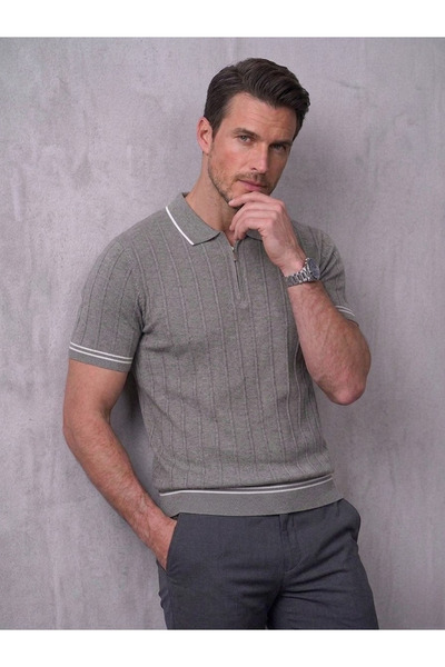 Ewarro Men's Knitwear T-Shirt Striped Zippered Polo Collar