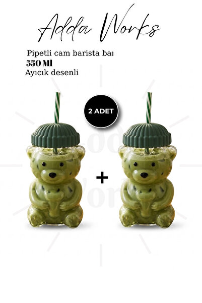 Adda Works Ayıcıklı Cam Bardak 550 ML Pipetli Kapaklı Soğuk İçecek, Kahve, Sm...