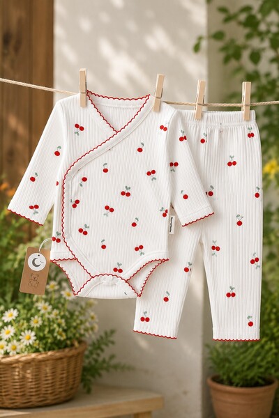 METEOR BABY Baby Girl Set - Baby Bodysuit Set - Cherry Patterned Ribbed Bodys...