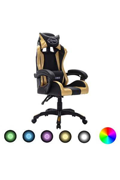 vidaxl Scaun de gaming cu LED RGB, auriu și negru, piele