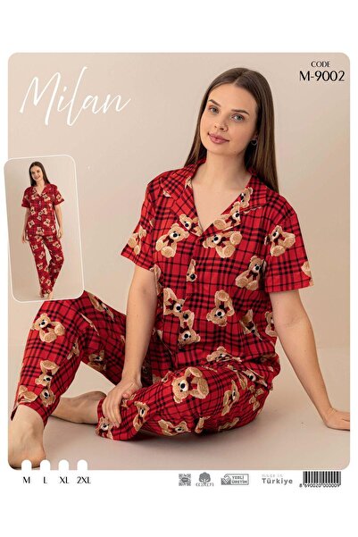 Butik milan kadın kırmızı ayıcıklı gecelik takımı