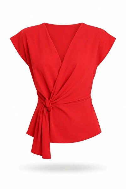 5in1Canpolat Red Double-Breasted Collared Blouse 05223
