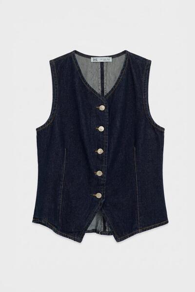 BSL Düğmeli Fit Denim Yelek