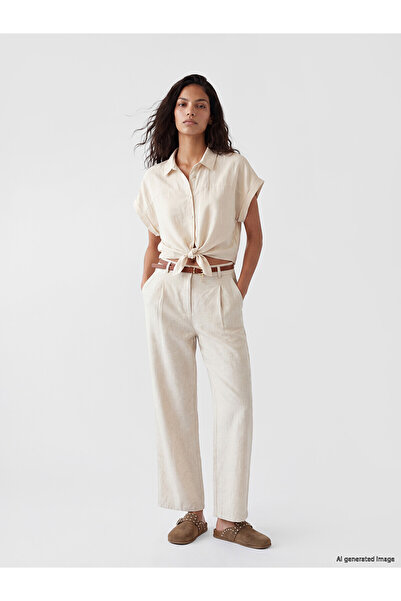 LC Waikiki Nevavm Women's Linen Blend Trousers with Belt and Waistband