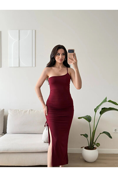 Zoom Butik Derin Yırtmaç Omuz Askılı Elbise - BORDO