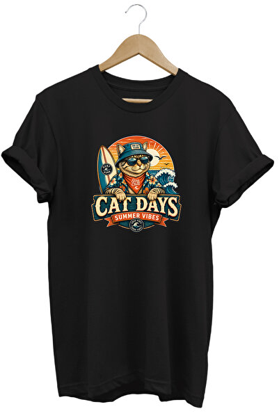 remonz Cat Days Summer Vibes Unisex Βαμβακερό μπλουζάκι με στάμπα γάτας και κ...