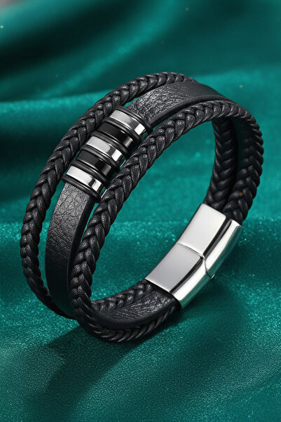 TREND COLLECTİON Men's Black Leather Bracelet with Steel Clip and Braided Det...
