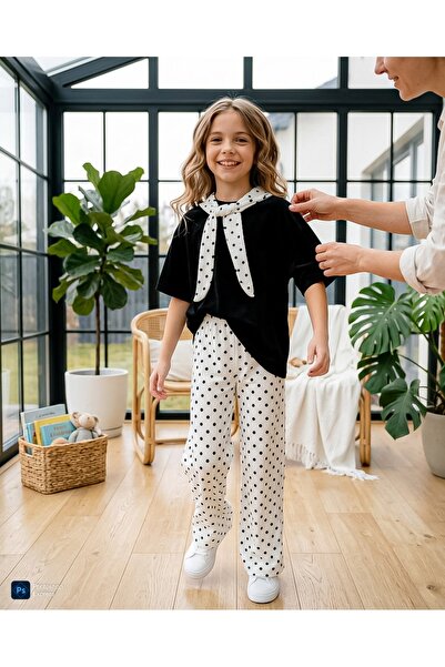 NURTOPU Girl's Polka Dot Halter Neck White and Black Matching Set, Top and Bo...