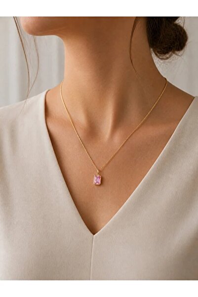 OGO SİLVER 925 Ayar Gümüş Pembe Baget Taşlı Altın Kaplamalı Minimal Kolye