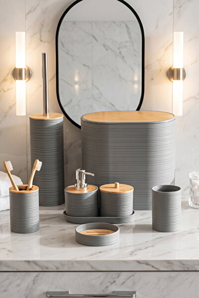Porsima 4532 8 Parça Banyo Seti - Bambu Kapaklı Çöp Kovası, Sabunluk, Diş Fır...