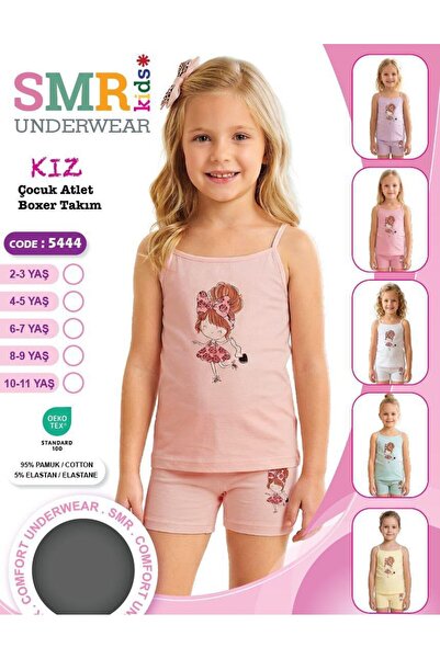 SMR Kids Kız Çocuk Açık Pembe Kız Desenli İnce Askılı Atlet Boxer Takımı