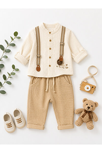 Miray baby kids Erkek Bebek Müslin Takım Ayarlanabilir Askı Detaylı Gömlek ve...