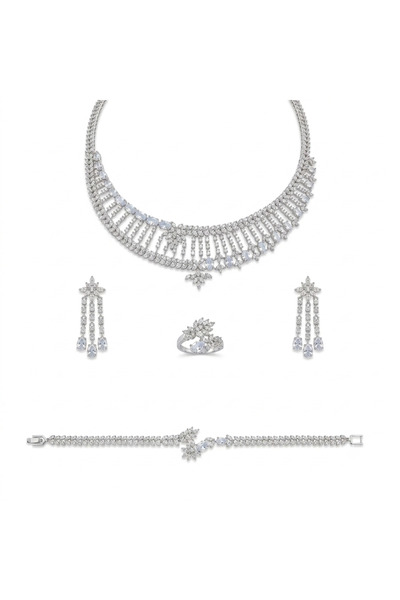 Generic Silver Tone CZ Floral Jewelry Set Necklace Earrings Ring Bracelet 4 P...