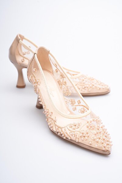 Egepass Zafi̇ra Beaded Embroidered Lace Stiletto Women's Evening Dress Shoes