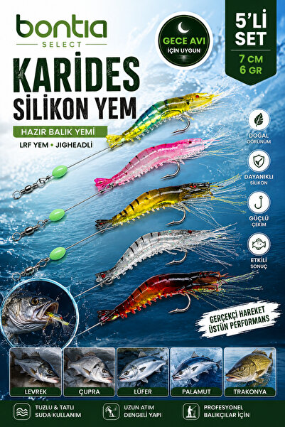 Hazır Karides Silikon Balık Yemi 5 Adet 7 cm 6 gr Jigheadli LRF Yem Levrek Çupra Lüfer Palamut
