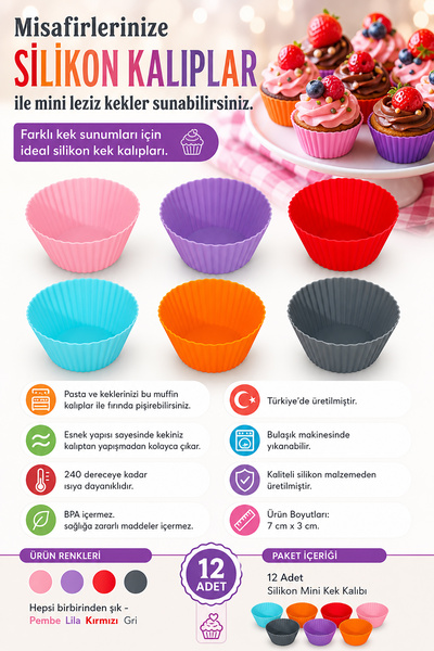 Akyüz Plastik 🧁   12-Piece Silicone Muffin Cake Mold Colorful Mini Cupcake M...