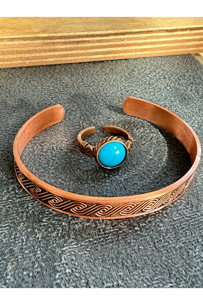 Rupen Kraft Handcrafted copper bracelet and natural stone ring set, adjustabl...