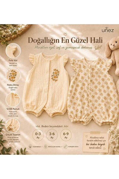 Bambino 2. Unez Baby Girl Muslin Jumpsuit Set Ruffle Sleeve Cotton Summer 2-Piece Set